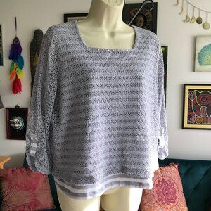 ALFRED DUNNER size L Petite Gray Striped Layered Mesh Overlay Studded Top